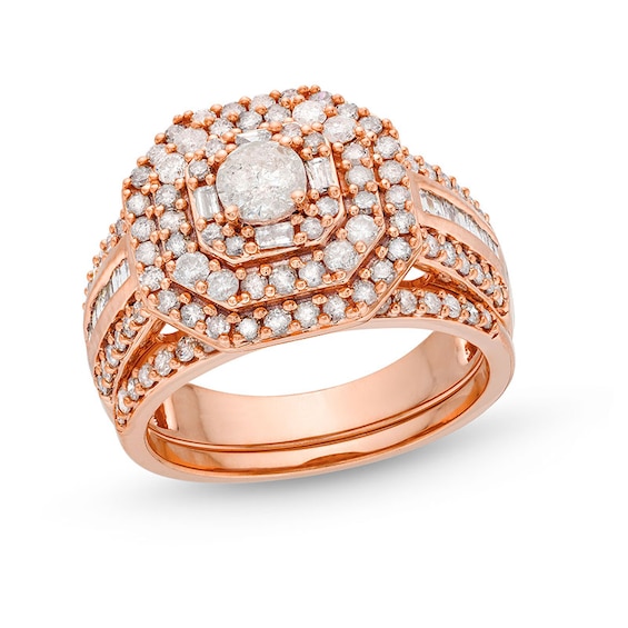 Previously Owned - 1-1/2 CT. T.w. Diamond Cushion Triple Row Octagon Frame Bridal Set in 10K Rose Gold