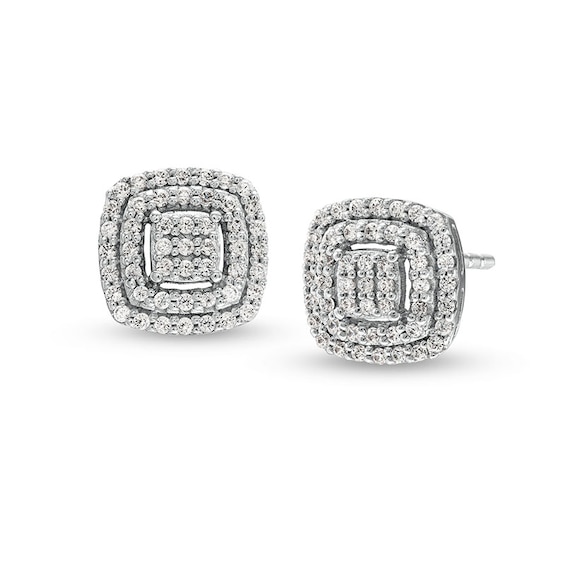 Previously Owned - 1/4 CT. T.w. Cushion Multi-Diamond Double Frame Stud Earrings in 10K White Gold
