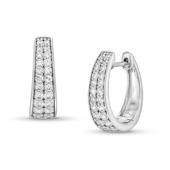 Previously Owned - 1/2 CT. T.w. Diamond Graduating Double Row Huggie Hoop Earrings in 10K White Gold