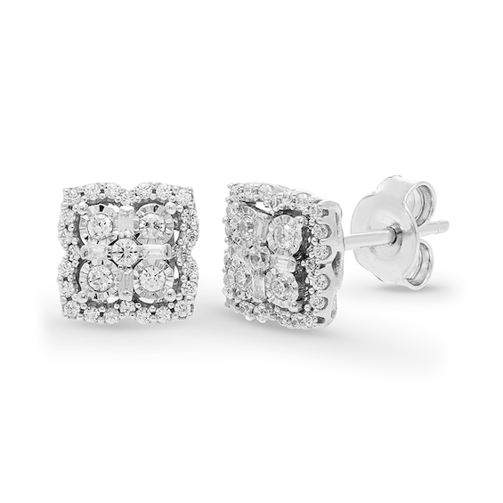 Previously Owned - 1/3 CT. T.w. Multi-Diamond Flower Frame Stud Earrings in 10K White Gold