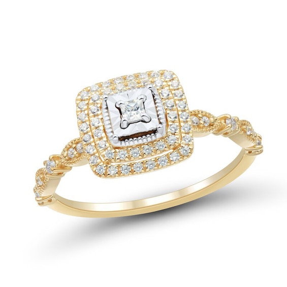 Previously Owned - 1/4 CT. T.w. Princess-Cut Diamond Double Cushion Frame Vintage-Style Engagement Ring in 10K Gold