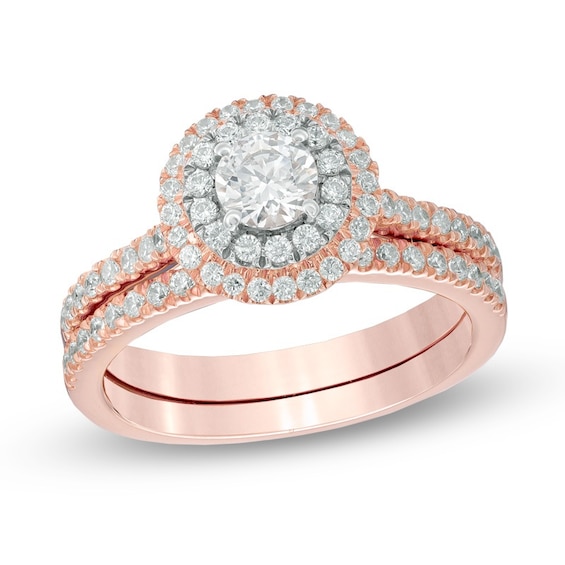 Previously Owned - Celebration Ideal 7/8 CT. T.w. Diamond Double Frame Bridal Set in 14K Rose Gold (I/I1)