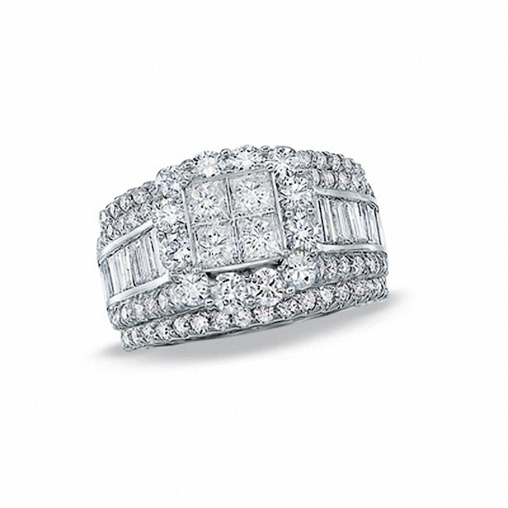 Previously Owned - 4 CT. T.w. Composite Princess-Cut Diamond Three Piece Soldered Bridal Set in 14K White Gold