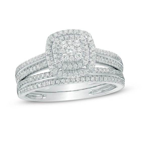 Previously Owned - 1/2 CT. T.w. Multi-Diamond Double Square Frame Soldered Bridal Set in 10K White Gold