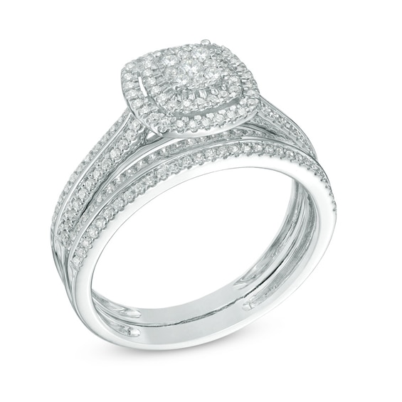 Previously Owned - 1/2 CT. T.w. Multi-Diamond Double Square Frame Soldered Bridal Set in 10K White Gold