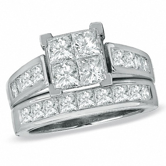 Previously Owned - 3 CT. T.w. Quad Princess Cut Diamond Soldered Bridal Set in 14K White Gold