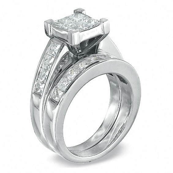 Previously Owned - 3 CT. T.w. Quad Princess Cut Diamond Soldered Bridal Set in 14K White Gold