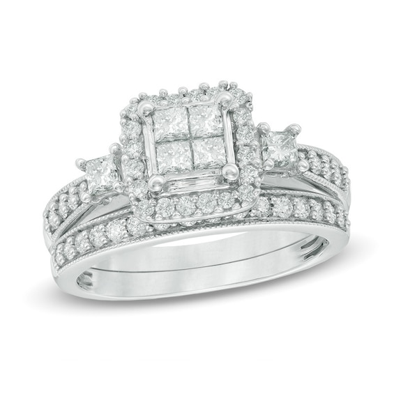 Previously Owned - 1 CT. T.w. Quad Princess-Cut Diamond Soldered Bridal Set in 10K White Gold