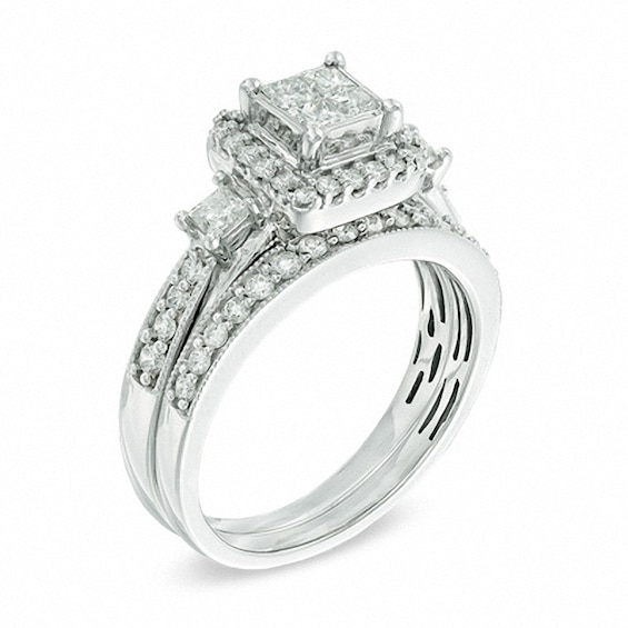 Previously Owned - 1 CT. T.w. Quad Princess-Cut Diamond Soldered Bridal Set in 10K White Gold