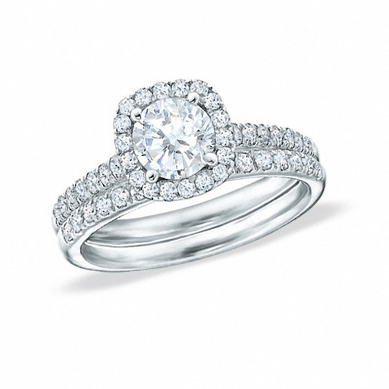 Previously Owned - 1/2 CT. T.w. Diamond Cushion Frame Soldered Bridal Set in 14K White Gold