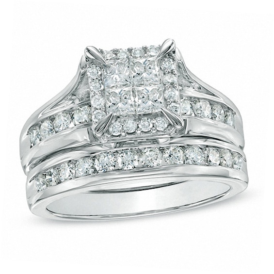 Previously Owned - 1-1/2 CT. T.w. Quad Princess-Cut Diamond Soldered Bridal Set in 14K White Gold