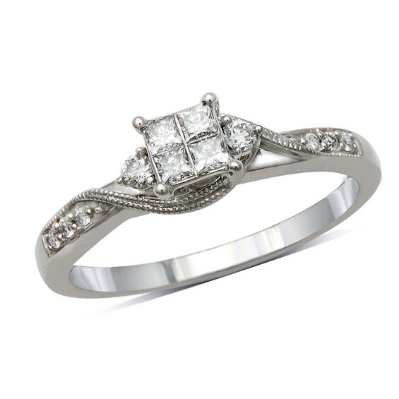 Previously Owned - 1/3 CT. T.w. Quad Princess-Cut Diamond Soldered Bridal Set in 10K White Gold