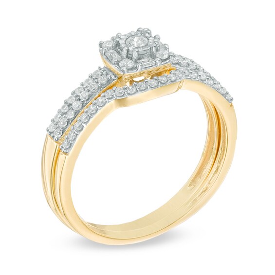 Previously Owned - 1/3 CT. T.w. Diamond Cushion Frame Double-Row Soldered Bridal Set in 10K Gold