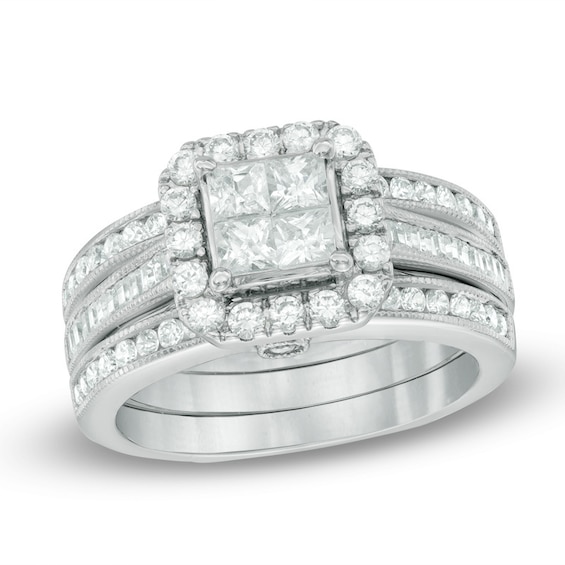 Previously Owned - 1-1/2 CT. T.w. Quad Princess-Cut Diamond Frame Soldered Bridal Set in 14K White Gold