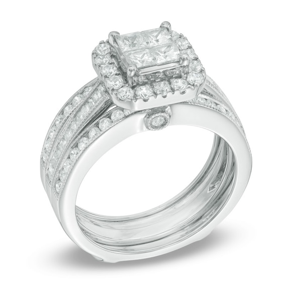 Previously Owned - 1-1/2 CT. T.w. Quad Princess-Cut Diamond Frame Soldered Bridal Set in 14K White Gold