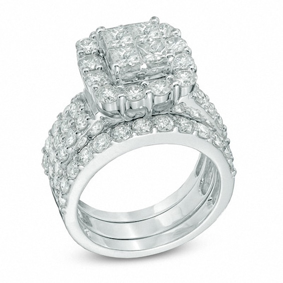 Previously Owned - 4 CT. T.w. Quad Princess-Cut Diamond Frame Soldered Bridal Set in 14K White Gold