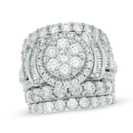 Previously Owned - 6 CT. T.w. Multi-Diamond Frame Collared Three Piece Soldered Bridal Set in 14K White Gold