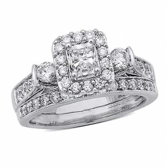 Previously Owned - 1-1/5 CT. T.w. Radiant-Cut Diamond Frame Vintage-Style Soldered Bridal Set in 14K White Gold