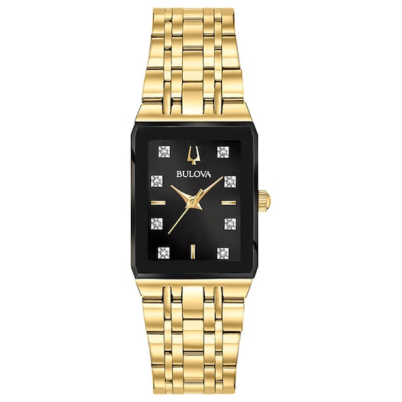 Previously Owned - Ladies' Bulova Modern Diamond Accent Gold-Tone Watch with Rectangular Black Dial (Model: 97P135)