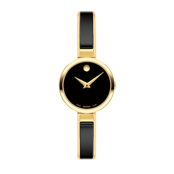 Previously Owned - Ladies' Movado Moda Two-Tone PVD Ceramic Bangle Watch with Black Dial (Model: 0607714)