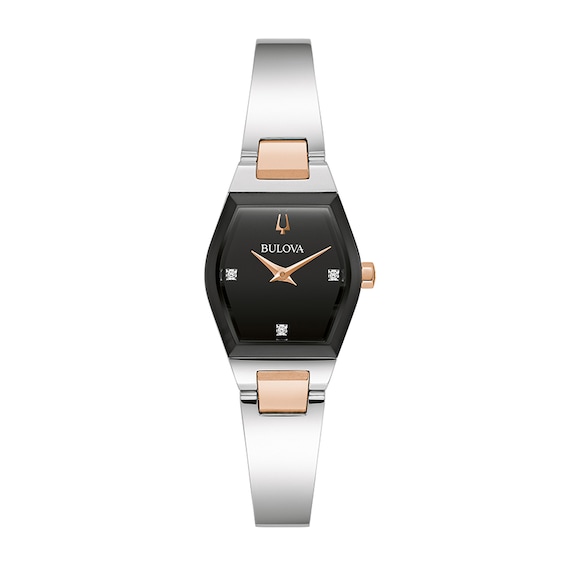 Previously Owned - Ladies' Bulova Gemini Diamond Accent Two-Tone IP Bangle Watch with Tonneau Black Dial (Model: 98P216)