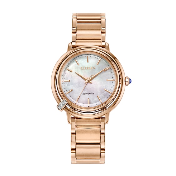 Previously Owned - Citizen Eco-Drive® L Arcly Rose-Tone IP Watch with Pink Mother-of-Pearl Dial (Model: Em1098-68D)