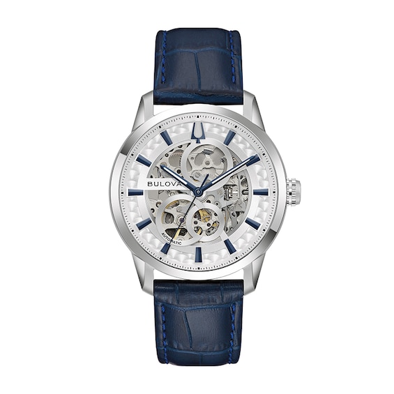 Previously Owned - Bulova Classic Sutton Automatic Watch with Silver-Tone Dial and Blue Leather Strap (Model: 96A330)