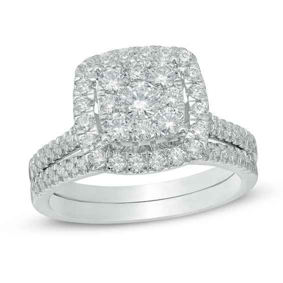 Previously Owned - 1 CT. T.w. Multi-Diamond Square Frame Bridal Set in 10K White Gold