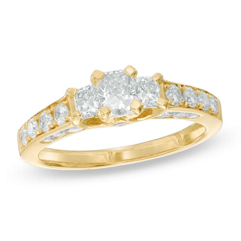 Main Image 1 of Previously Owned - 1-1/2 CT. T.W. Radiant-Cut Diamond Three Stone Ring in 14K Gold (I/I1)