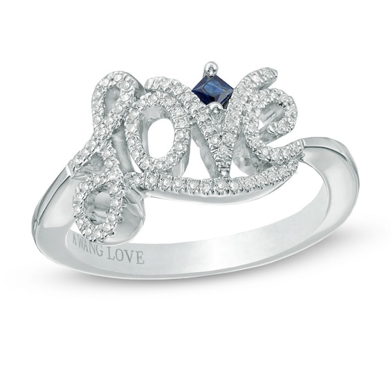 Previously Owned - Vera Wang Love Collection 1/5 CT. T.w. Diamond and Blue Sapphire "Love" Ring in Sterling Silver