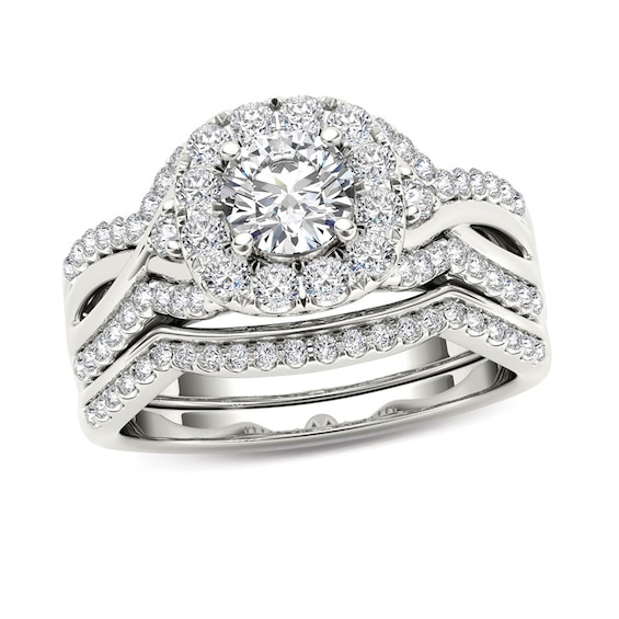 Previously Owned - 1-1/4 CT. T.w. Diamond Twist Shank Frame Bridal Set in 14K White Gold