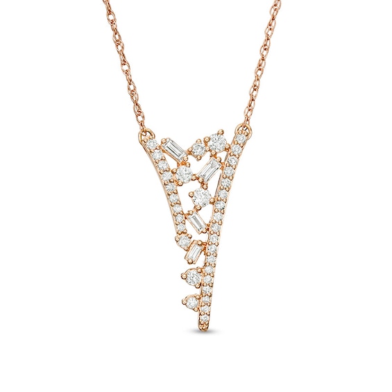 Previously Owned - 3/8 CT. T.w. Baguette and Round Diamond Scatter "V" Necklace in 10K Rose Gold
