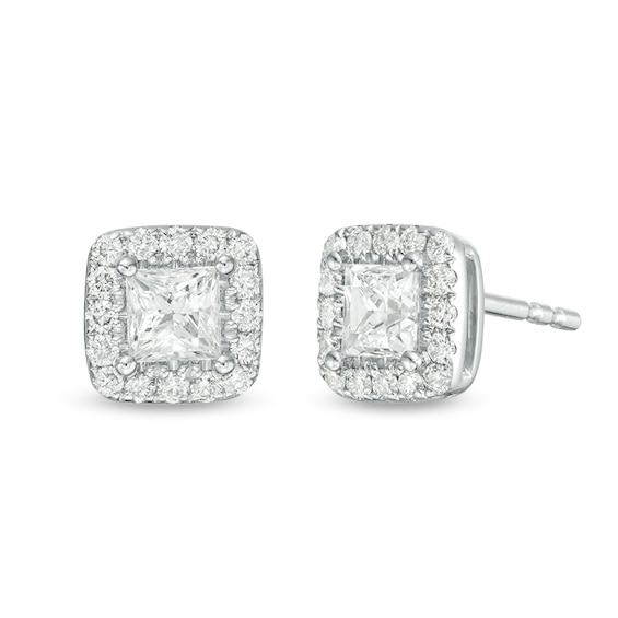 Previously Owned - 1 CT. T.w. Princess-Cut Diamond Frame Stud Earrings in 14K White Gold (I/Si2)