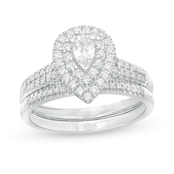 Previously Owned - 3/4 CT. T.w. Pear-Shaped Diamond Double Frame Bridal Set in 14K White Gold