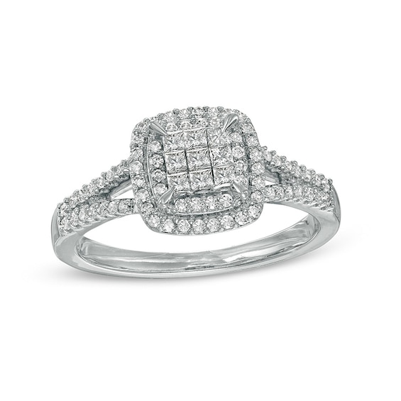 Previously Owned - 1/2 CT. T.w. Composite Cushion-Shaped Diamond Double Frame Split Shank Ring in 10K White Gold