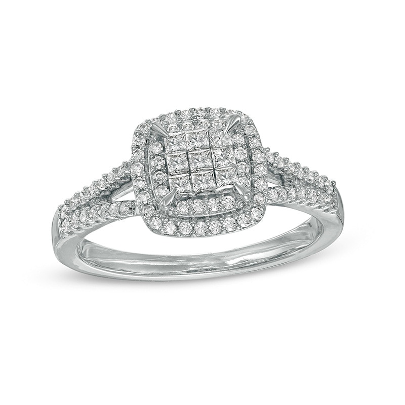 Main Image 1 of Previously Owned - 1/2 CT. T.W. Composite Cushion-Shaped Diamond Double Frame Split Shank Ring in 10K White Gold