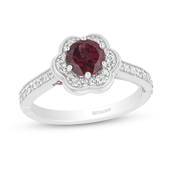 Previously Owned - Enchanted Disney Mulan 6.0mm Rhodolite and 1/3 CT. T.w. Diamond Flower Frame Ring in 14K White Gold