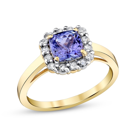 Previously Owned - 6.0mm Cushion-Cut Tanzanite and 1/4 CT. T.w. Diamond Frame Ring in 14K Gold
