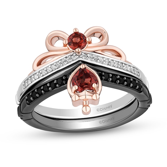 Previously Owned - Enchanted Disney Garnet and 1/6 CT. T.w. Diamond Bow, Heart with Dagger Ring Set in Sterling Silver