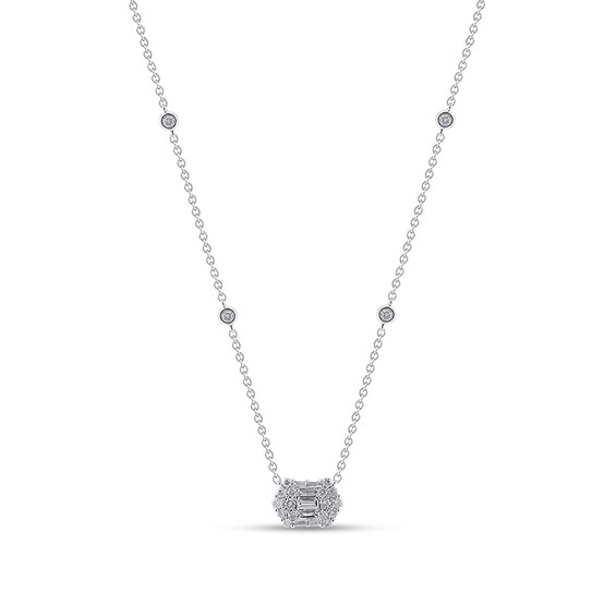 Previously Owned - 1/2 CT. T.w. Baguette- and Round-Cut Diamond Station Necklace in 10K White Gold - 18”