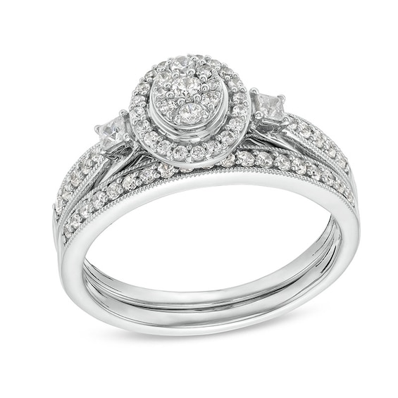 Previously Owned - 1/2 CT. T.w. Oval-Shaped Multi-Diamond Frame Collar Vintage-Style Bridal Set in 10K White Gold