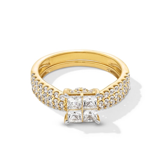 Previously Owned - 1-1/2 CT. T.w. Quad Princess-Cut Diamond Double Row Shank Bridal Set in 14K Gold