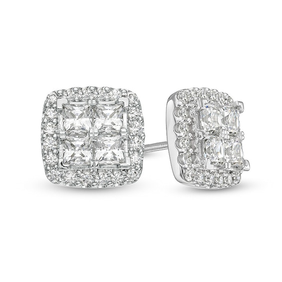 Previously Owned - 2 CT. T.w. Lab-Grown Quad Princess-Cut Diamond Frame Stud Earrings in 14K White Gold (F/Si2)