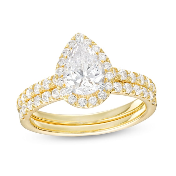 Previously Owned - 1-3/4 CT. T.w. Pear-Shaped Lab-Grown Diamond Frame Bridal Set in 14K Gold (I/Si2)