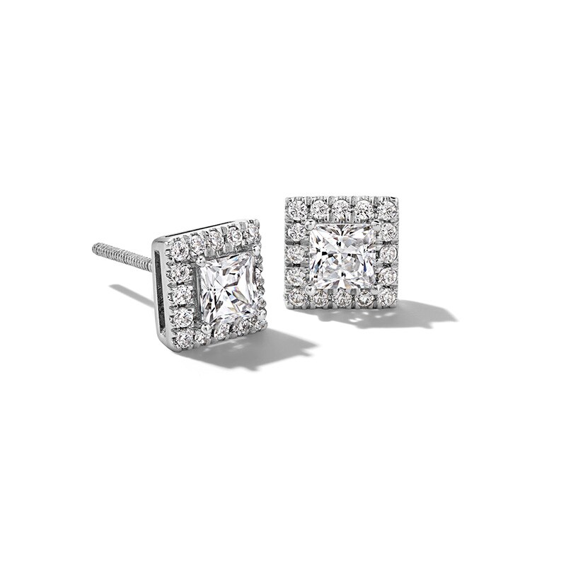 Main Image 1 of Previously Owned - 1 CT. T.W. Princess-Cut Lab-Grown Diamond Frame Stud Earrings in 14K White Gold (F/SI2)