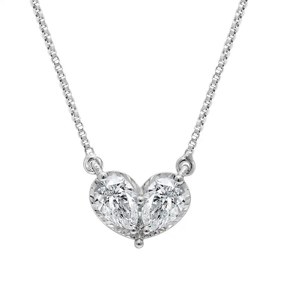 Previously Owned - 1/2 CT. T.w. Pear-Shaped Lab-Grown Diamond Toi et Moi Heart Necklace in 10K White Gold (F/Si2)