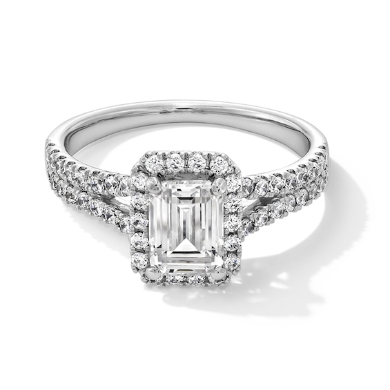 Previously Owned - 1-3/8 CT. T.w. Emerald-Cut Lab-Grown Diamond Frame Split Shank Engagement Ring in 14K White Gold