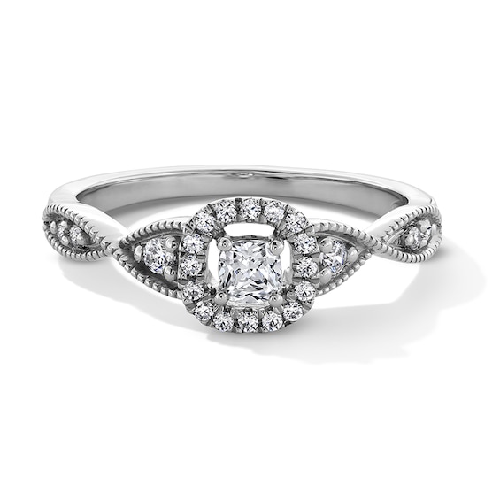 Previously Owned - 1/3 CT. T.w. Cushion-Cut Lab-Grown Diamond Frame Vintage-Style Promise Ring in 10K White Gold
