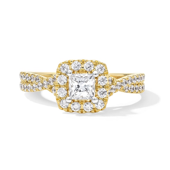 Previously Owned - 1 CT. T.w. Princess-Cut Lab-Grown Diamond Cushion Frame Twist Shank Engagement Ring in 14K Gold