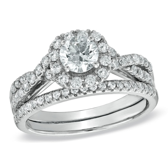 Previously Owned - 1-1/10 CT. T.w. Diamond Frame Twist Soldered Bridal Set in 14K White Gold